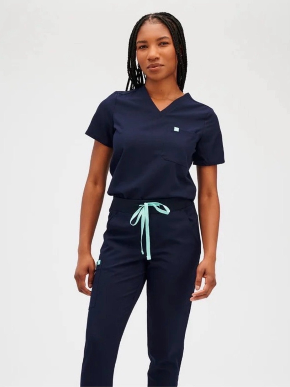 Women's Navy Scrub Top and Pants Set with Mint Drawstring